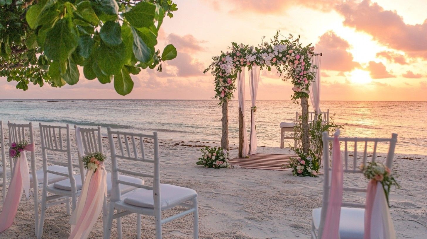 Beach wedding setup with white chairs and a floral archway, overlooking the ocean during a sunset.